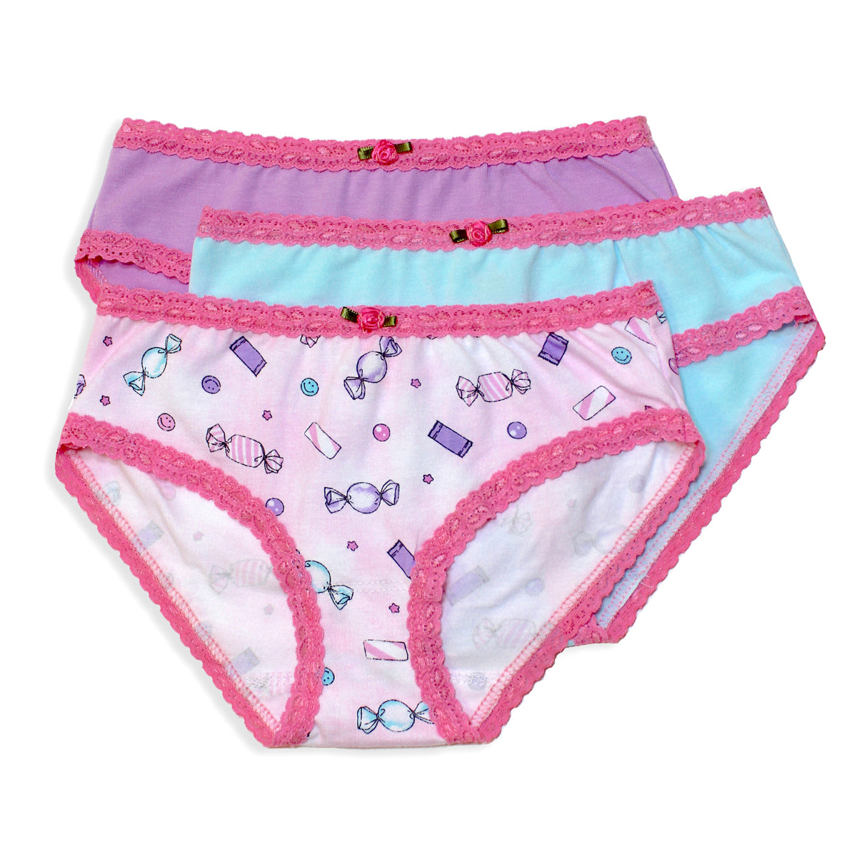 U20 Esme Girl's 3-Pack Panty in Patterns Cookies, Kiss, Candy Hearts, Tulle Bow, Strawberry
