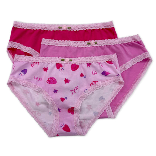 U20 Esme Girl's 3-Pack Panty in Patterns Navy Stripes, Candy Hearts, Tulle Bow, Strawberry