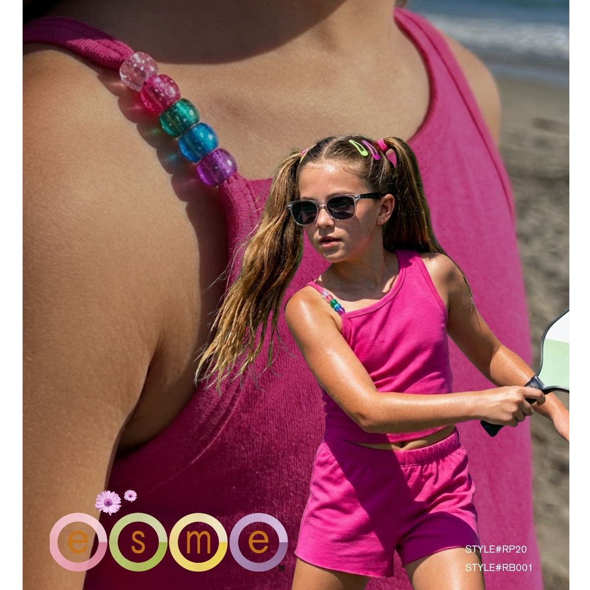 RP20RB001 Esme Girl's Malibu Bead Tank Shorts Set RIB Fabric  Size S, M, L, XL, XXL Pink, white, Fuchsia