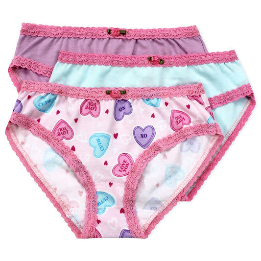U20 Esme Girl's 3-Pack Panty in Patterns Cookies, Kiss, Candy Hearts, Tulle Bow, Strawberry