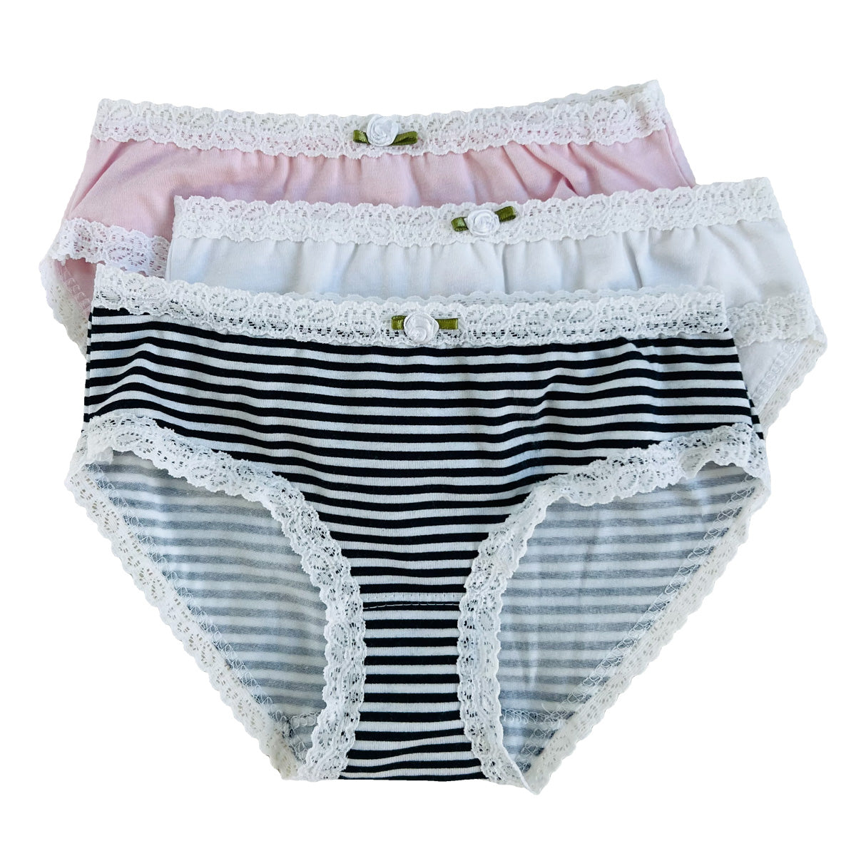 U20 Esme Girl's 3-Pack Panty in Patterns Navy Stripes, Candy Hearts, Tulle Bow, Strawberry