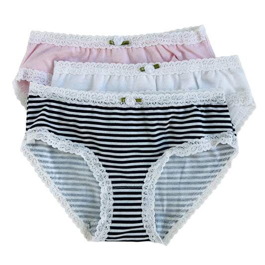 U20 Esme Girl's 3-Pack Panty in Patterns Navy Stripes, Candy Hearts, Tulle Bow, Strawberry
