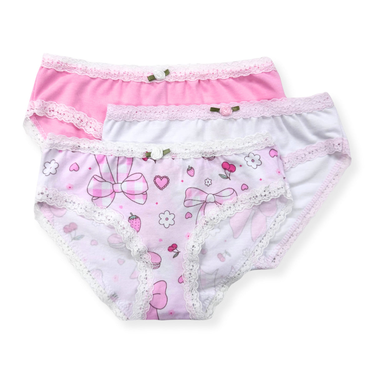 U20 Esme Girl's 3-Pack Panty in Patterns Navy Stripes, Candy Hearts, Tulle Bow, Strawberry