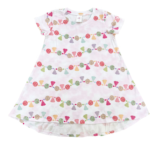 BW917 Esme Girl's Patterns Short Sleeve Dress Clearance sale Daisy Star Tie Dye, Pom Poms