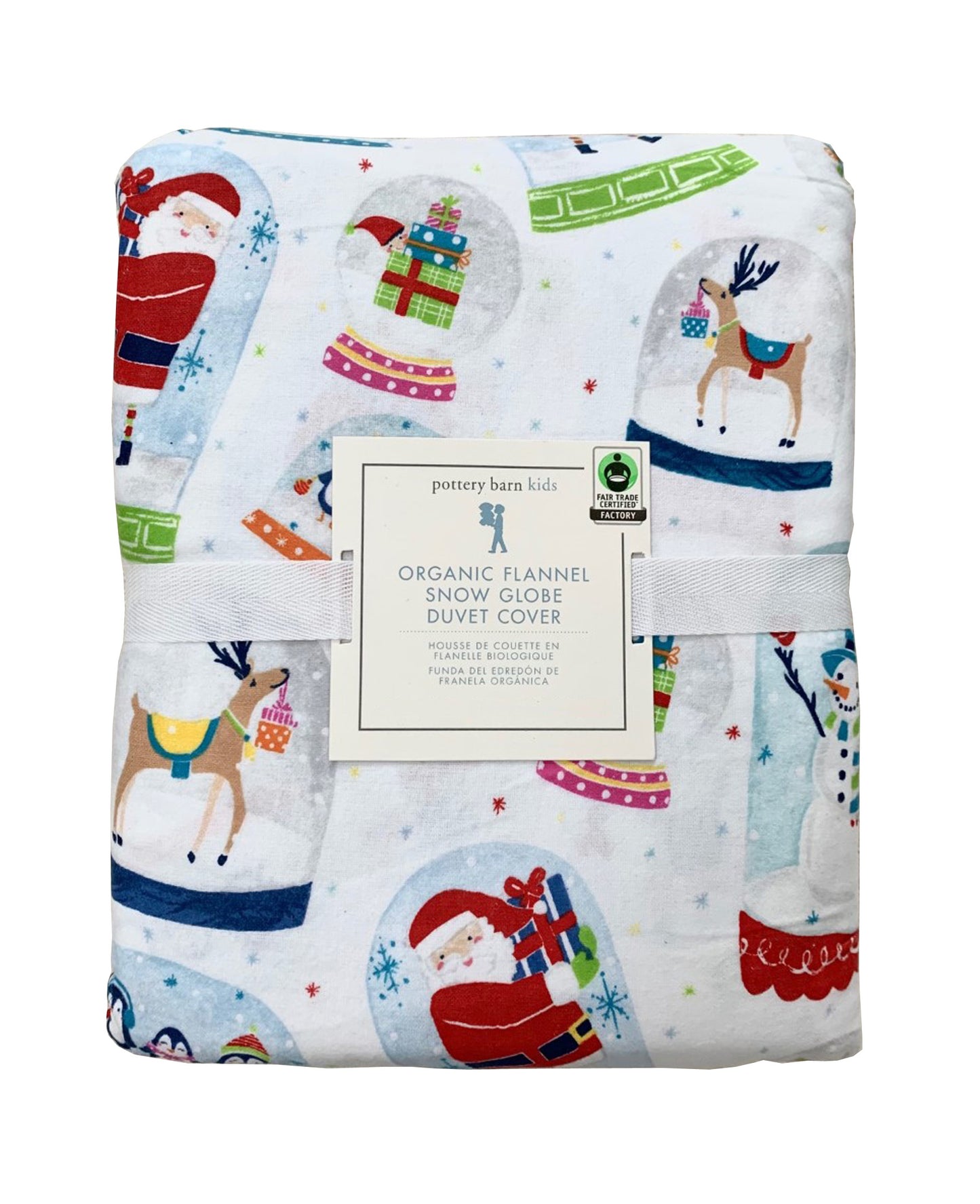 Pottery barn Kids Snow Globe Organic Flannel Queen Duvet Cover Red Green blue