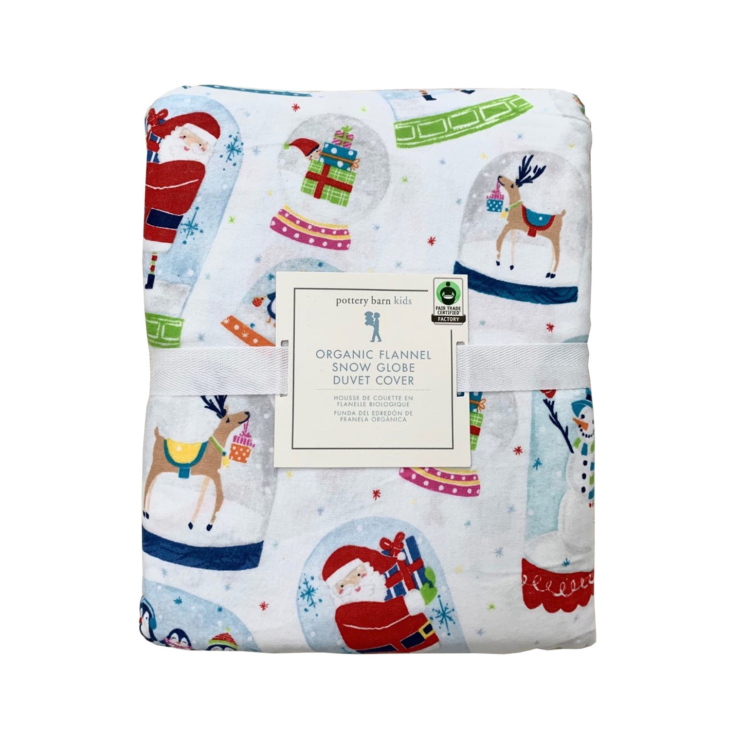 Pottery barn Kids Snow Globe Organic Flannel Queen Duvet Cover Red Green blue